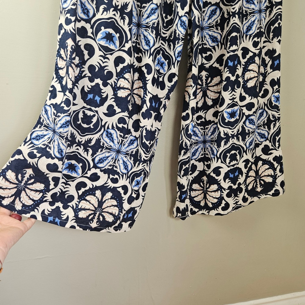 Rachel‎ Zoe Linen Blend Ikat Boho Wide Leg Crop Pants Sz L Blue Ivory Flowy - Picture 8 of 10
